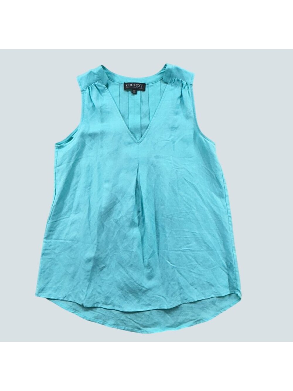 Context Sleeveless Linen Blend V-Neck Blouse Women Medium Aqua Blue Tank Top